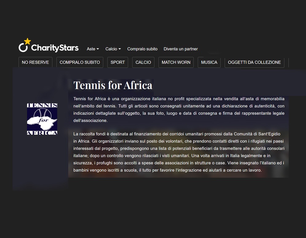 Screenshot of the Tennis for Africa Instagram profile with content preview